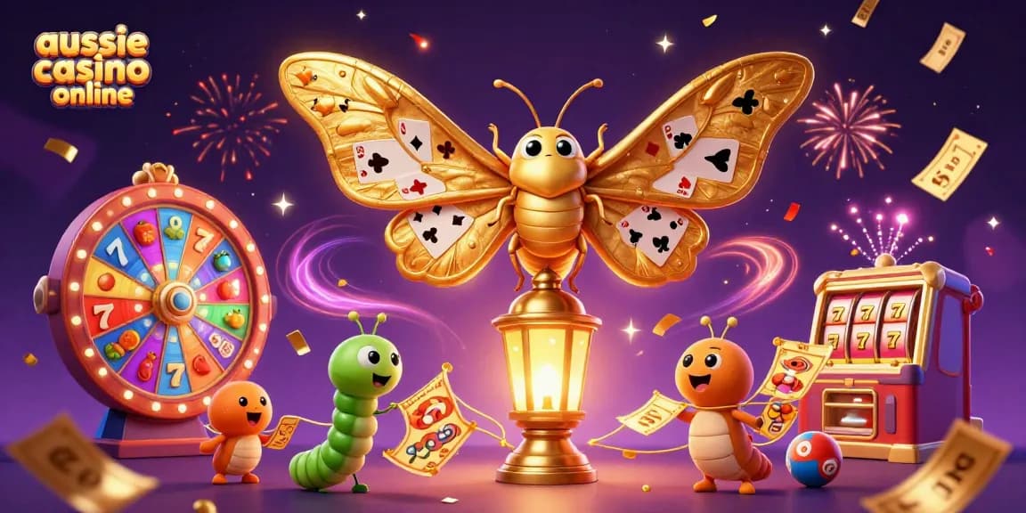 Aussie casino online brings excitement with a vibrant 3D illustration featuring an atlas moth and lively casino elements.