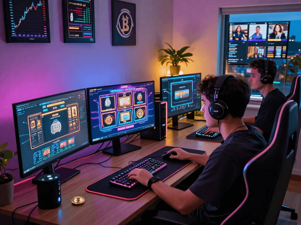 Exciting crypto casino gaming scene with vibrant monitors and LED lighting, capturing the thrill of digital gambling.