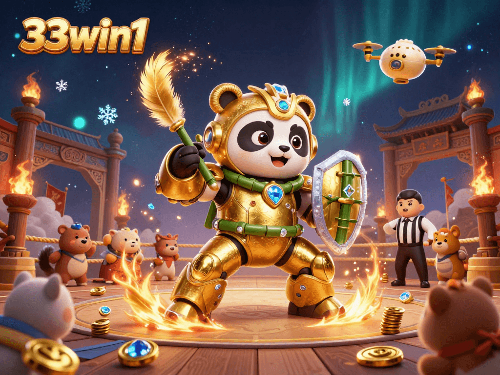 33win1 showcases an energetic scene with a mech-suit panda and colorful casino action elements in 3D.
