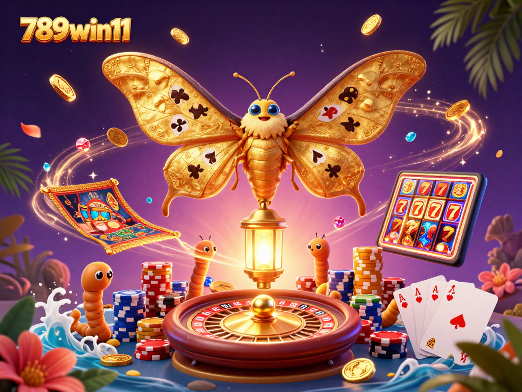 Engage with thrilling casino action at 789win11, featuring a dazzling 3D moth surrounded by vibrant gaming elements.
