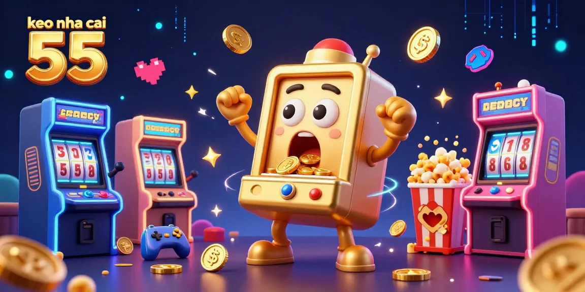 Experience keo nha cai 55 with a vibrant 3D illustration of a golden slot machine celebrating a jackpot, surrounded by cheering mini machines.