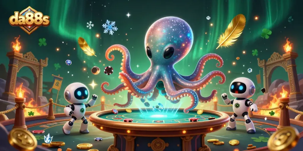Experience thrilling poker action with da88s in this vibrant alien casino scene.