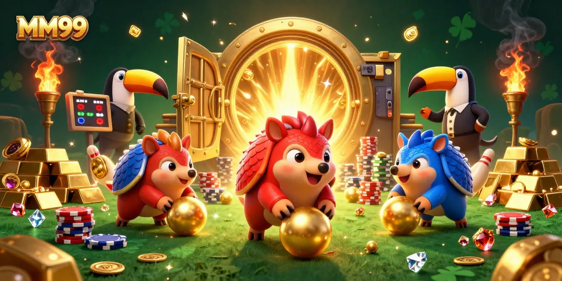Join MM99 for thrilling gaming action with lively pangolins amid sparkling treasures.
