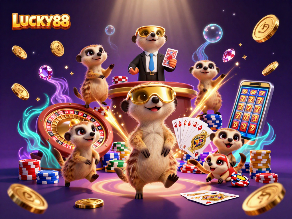 LUCKY88 meerkats operating an exciting casino scene with vibrant games and golden rewards.