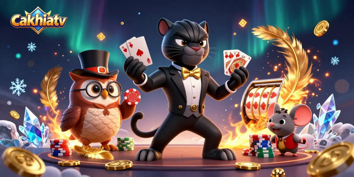 Engaging gameplay at cakhiatv with a stylish panther dealing cards amidst vibrant casino elements.