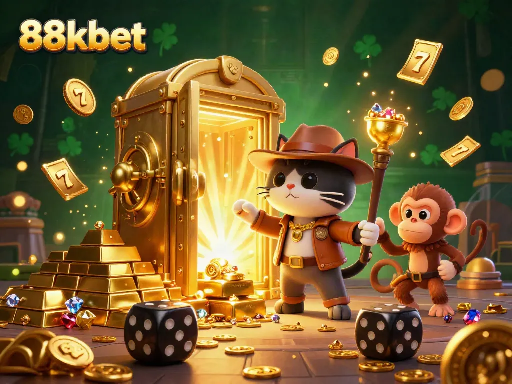 Experience thrilling wins at 88kbet with this vibrant 3D digital casino adventure scene.