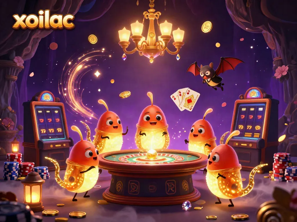Xoilac casino glowworms illuminate a vibrant cave scene with flying coins and a bat dealer.