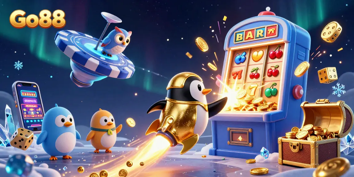 Experience the excitement of Go88 with a dazzling slot machine jackpot and playful golden penguin in space.