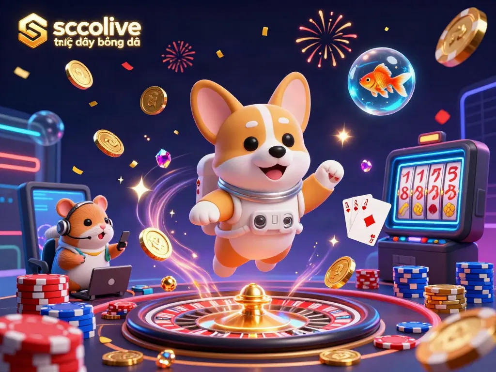 Experience the excitement of socolive trực tiếp bóng đá with vibrant 3D casino action featuring floating corgi and thrilling casino elements.