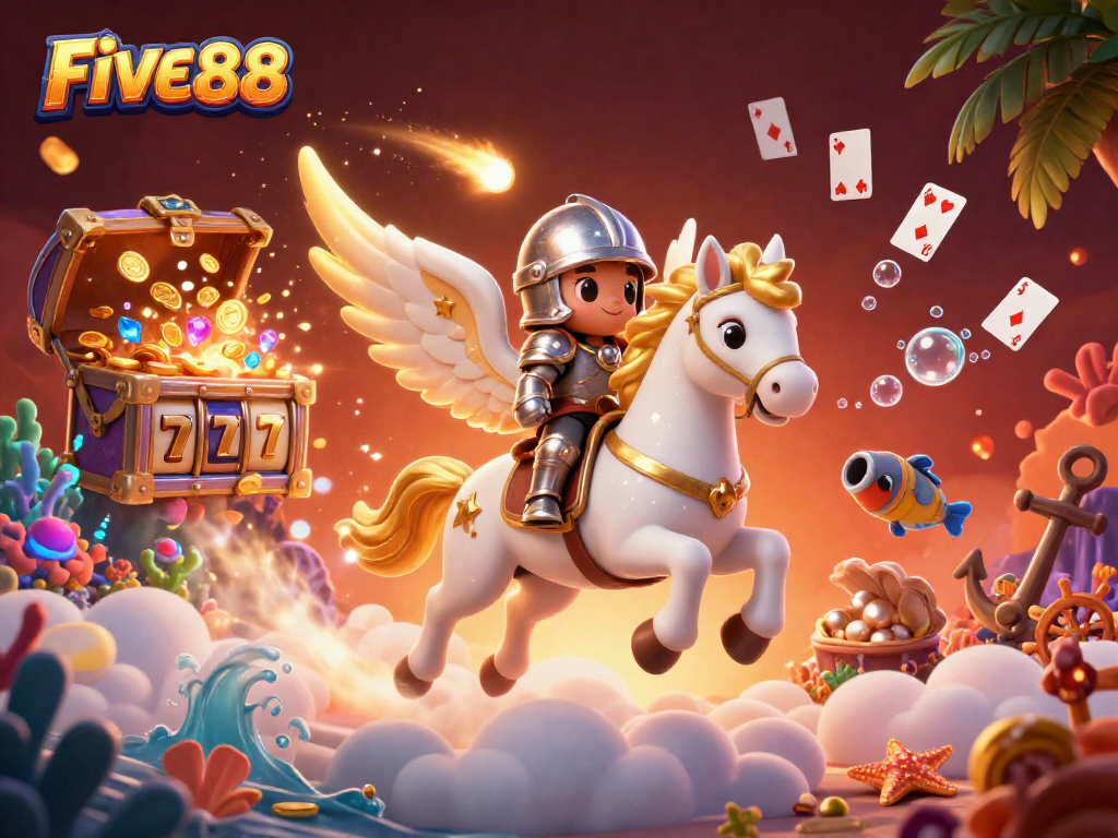 Experience the thrill of FIVE88 with a vibrant, action-packed casino scene featuring lucky symbols and dynamic characters.
