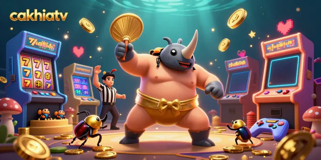 CakhiaTV platform showcases vibrant casino scene with beetle champion and slot machine action.