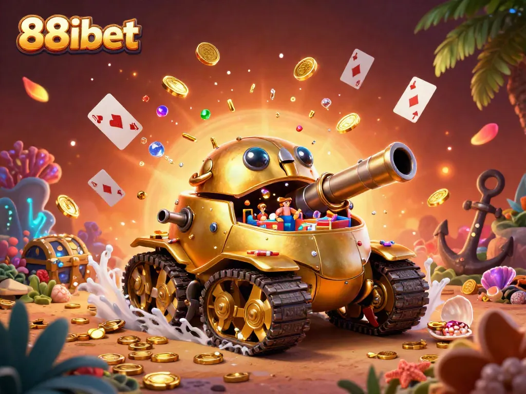 Engage in winning at 88ibet with vibrant 3D casino illustration featuring golden beetle tank and treasure.