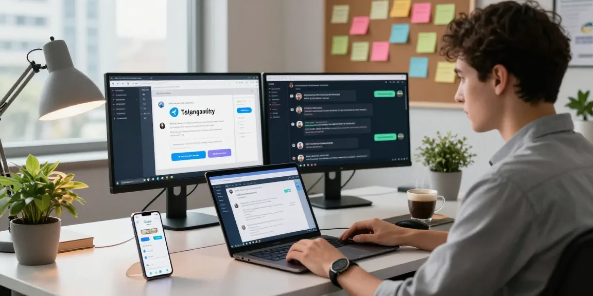 Engage with the Telegram web version in a vibrant workspace showcasing modern digital communication.