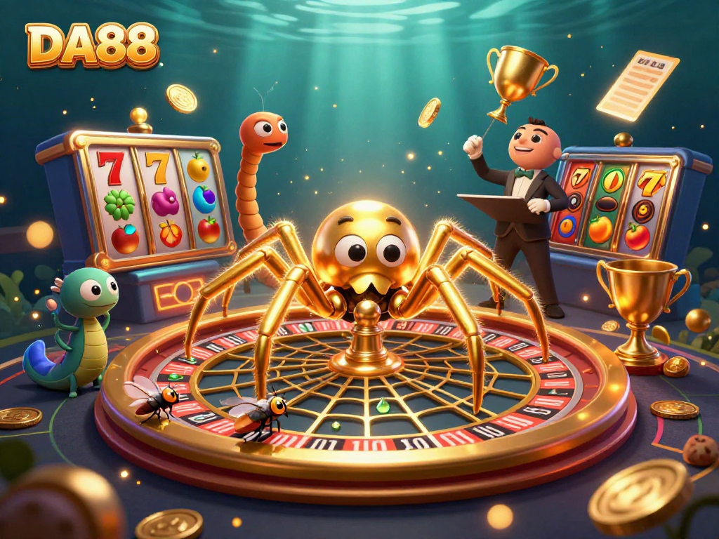DA88 casino illustration showcasing a golden spider spinning a roulette web with a fly betting