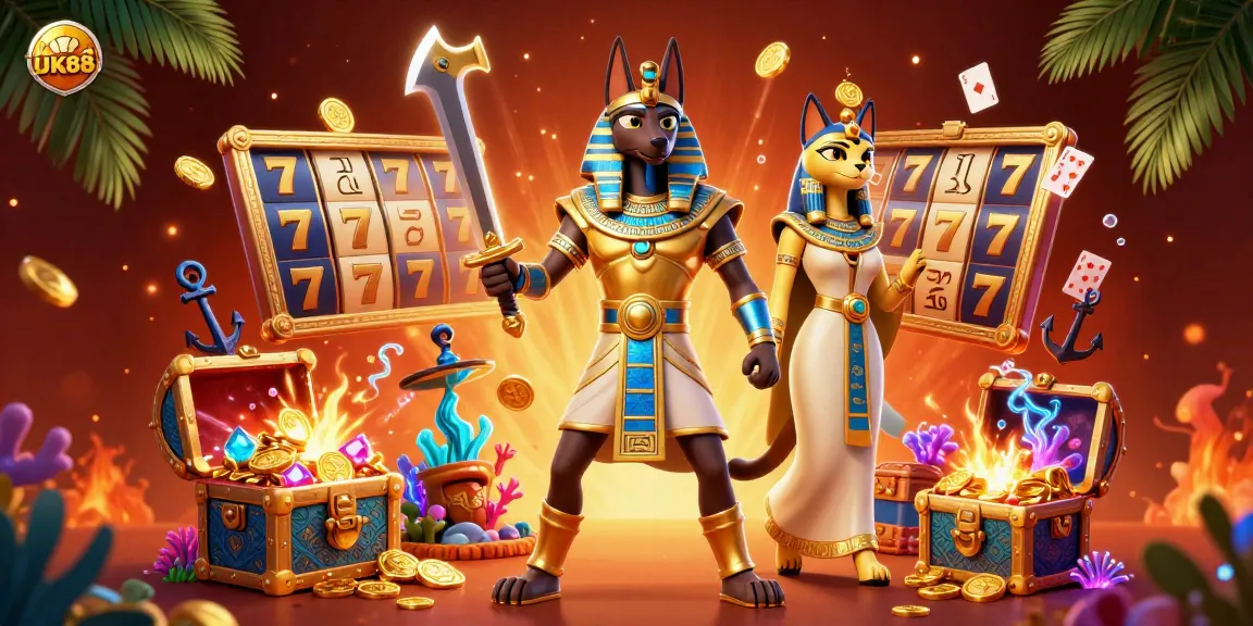 Experience thrilling spins at UK88 with Anubis and Bastet in a vibrant casino scene.