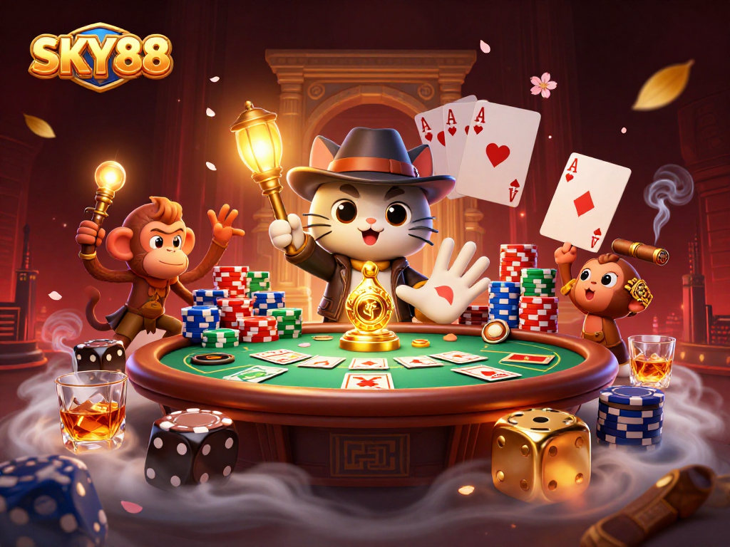 Experience thrilling gaming action at SKY88 with our vibrant casino-themed illustration featuring a cartoon explorer.