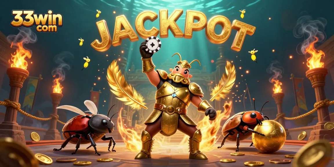 Experience the thrill of 33win com with a victorious beetle lifting a poker chip amid swirling casino elements.
