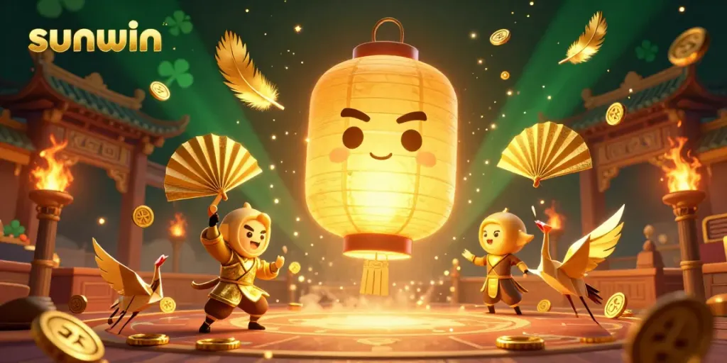 Experience the thrill of gaming at sunwin casino with a vibrant and magical scene featuring golden lanterns and warriors.