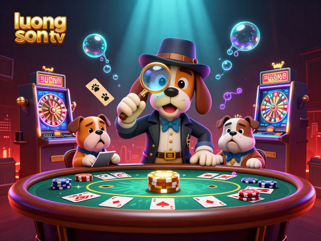 luong son tv features a cartoon detective exploring golden poker chips in a vibrant casino atmosphere.