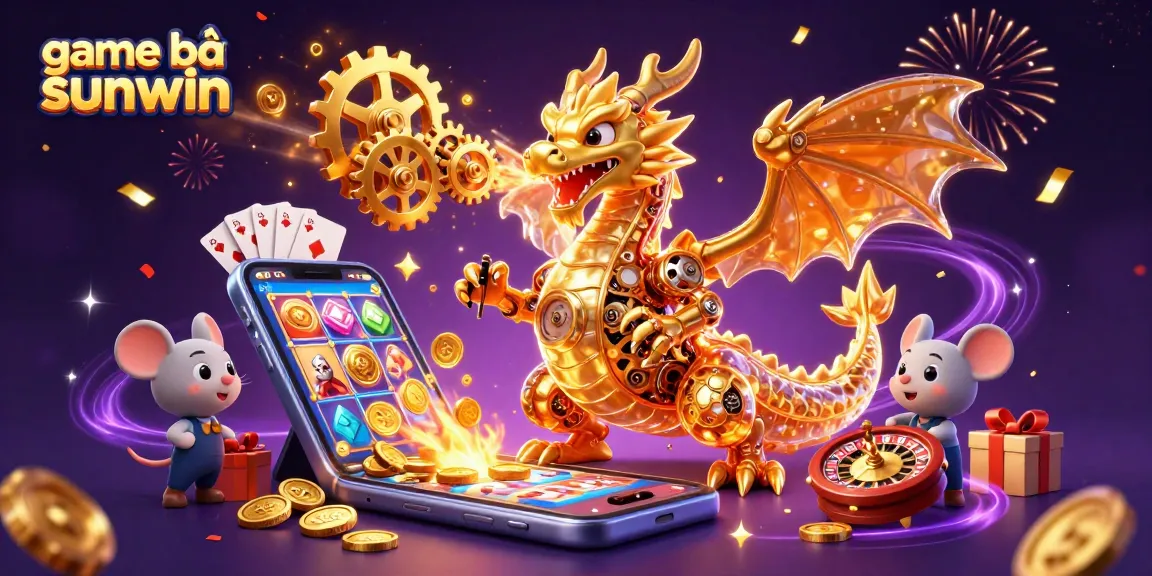 Experience the excitement of game bài sunwin with a golden biomechanical dragon, animated gaming elements, and dynamic atmosphere.