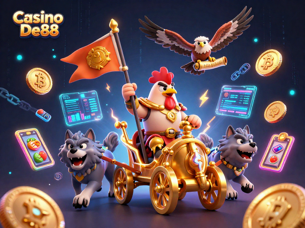 Engage with Casino De88's vibrant 3D illustration showcasing exciting gaming elements and characters.