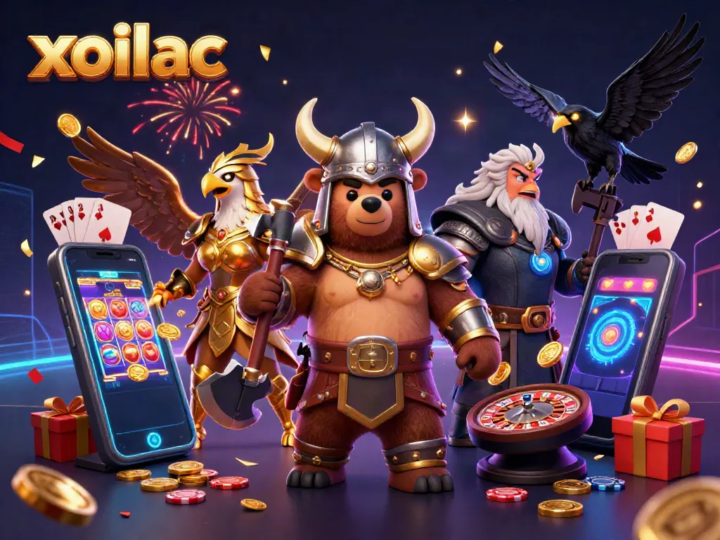 Experience thrilling gaming actions with xoilac as Viking and Valkyrie characters engage with slots and poker elements.