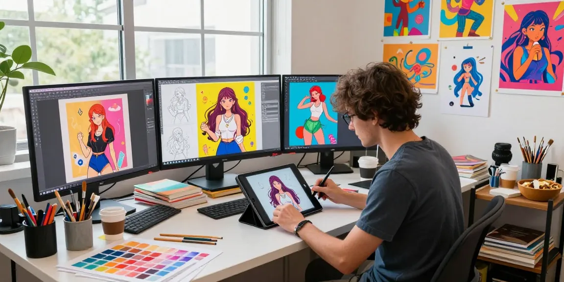Creating stunning ai hentai imagery in a vibrant digital art studio space filled with creativity.