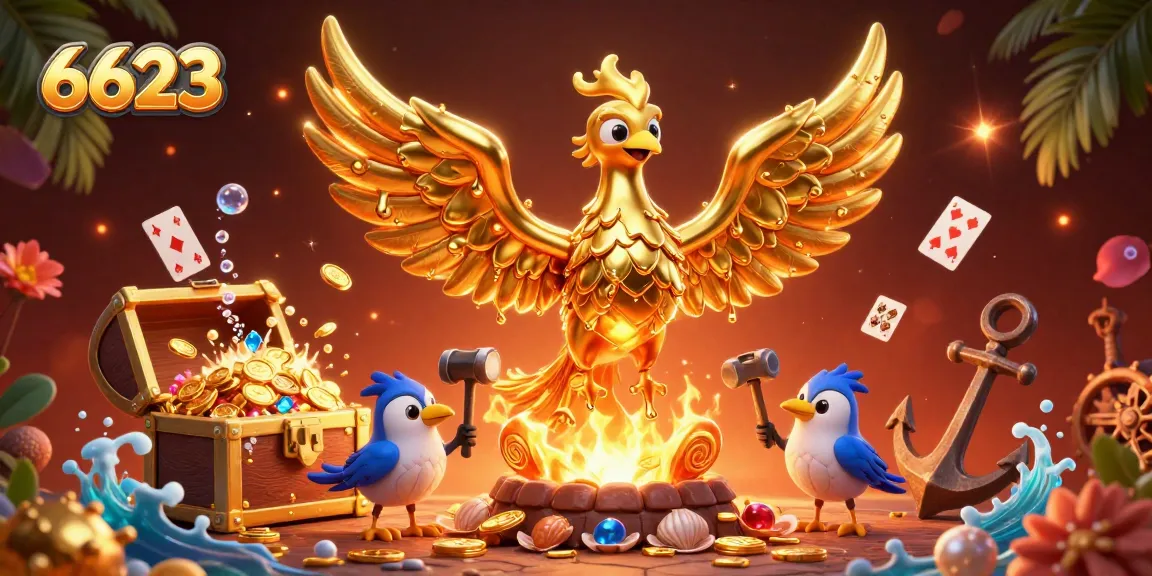Experience thrilling gameplay with 6623's golden phoenix emerging from a treasure-filled scene in a vibrant casino setting.