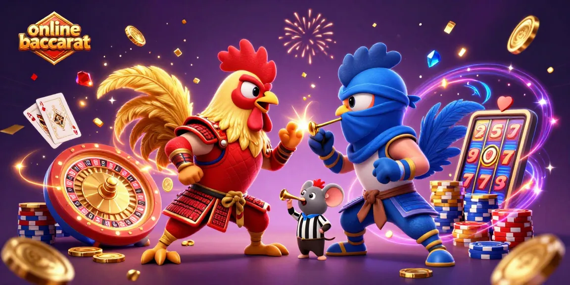 Experience online baccarat excitement with roosters in battle amid coins and cards.