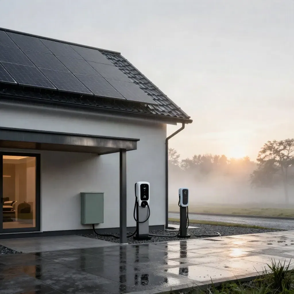 Modern svensk villa med solceller, batteri och laddbox i morgonljus efter regn.