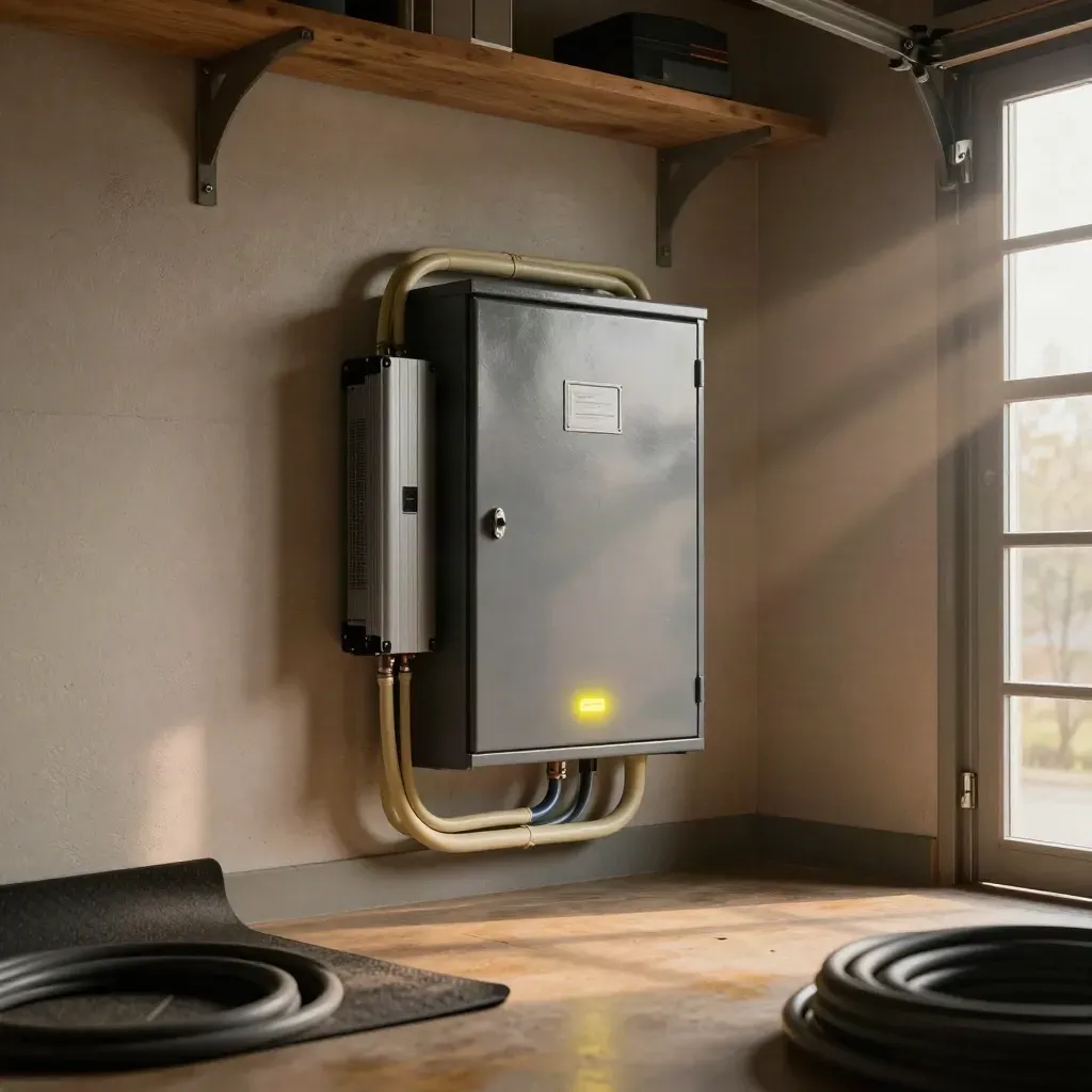 Väggmonterat batteriskåp i garagehörn med inverter, kabelkanaler och gul statuslampa i kvällsljus.
