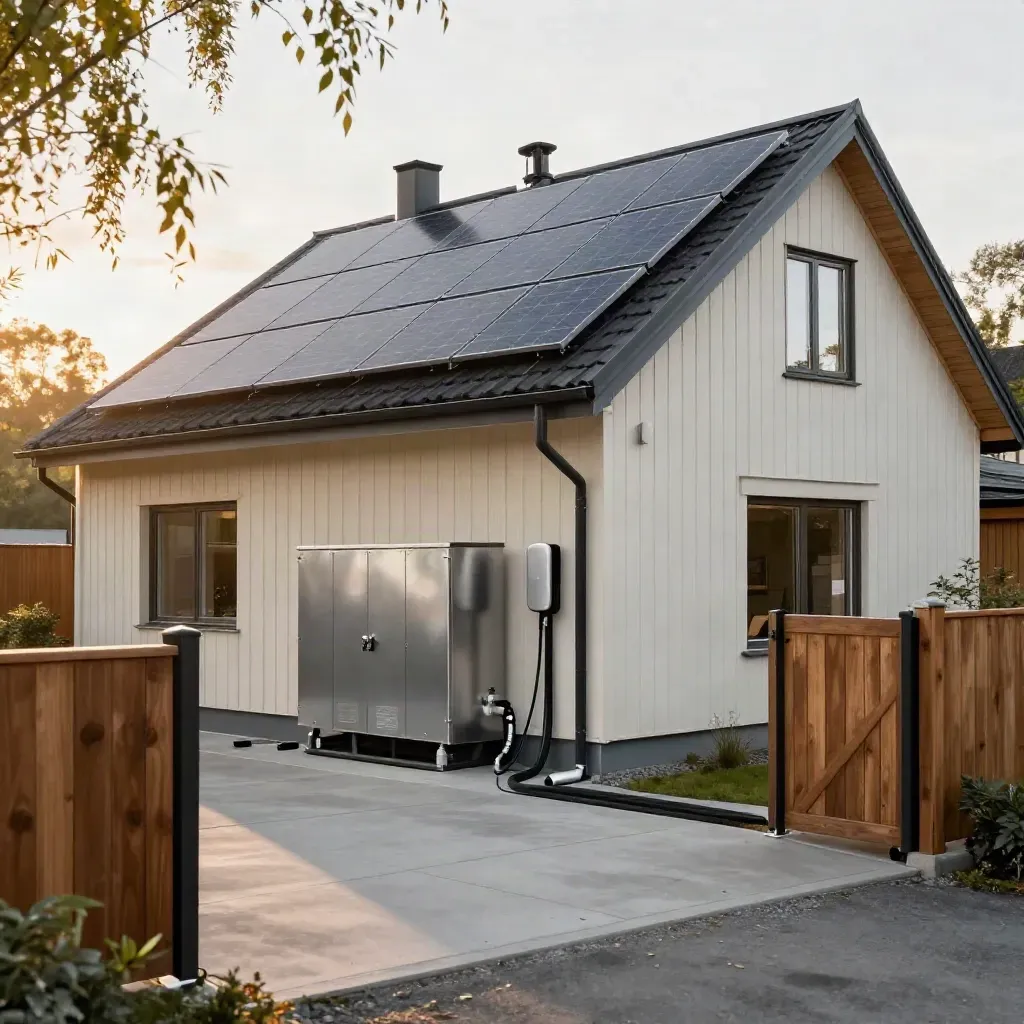 Taksol, batteri i carport och laddpunkt vid entrén på en modern villa i kvällsljus.