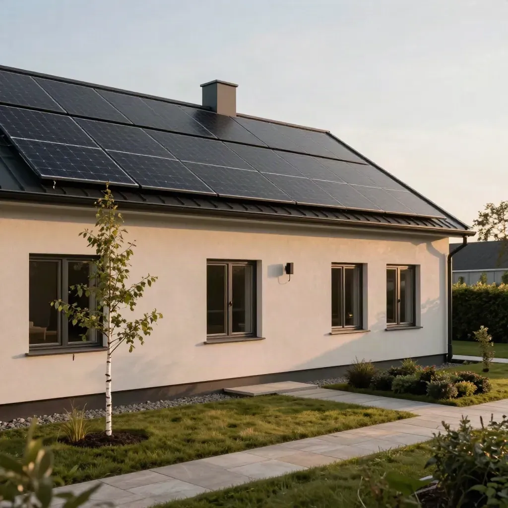 Färdigt radhus i Täby med svarta solpaneler och lugn trädgård i sen eftermiddagssol.