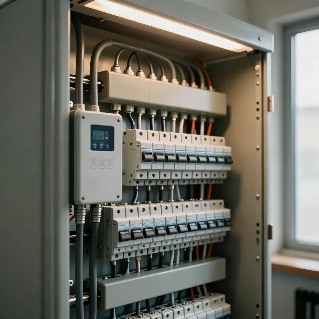 Öppen elcentral och smart energimodul i ett modernt teknikrum med dämpat ljus