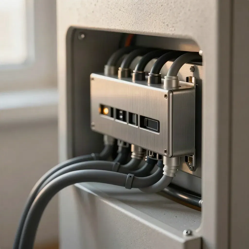 Närbild av ett uppgraderat elskåp med prydliga kablar och smart styrning i ett föreningshus.
