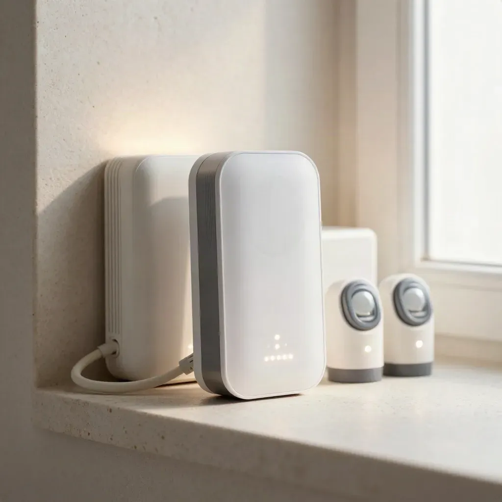 Makro av en smart energimätare, gateway och lastsensorer med blinkande indikatorer.