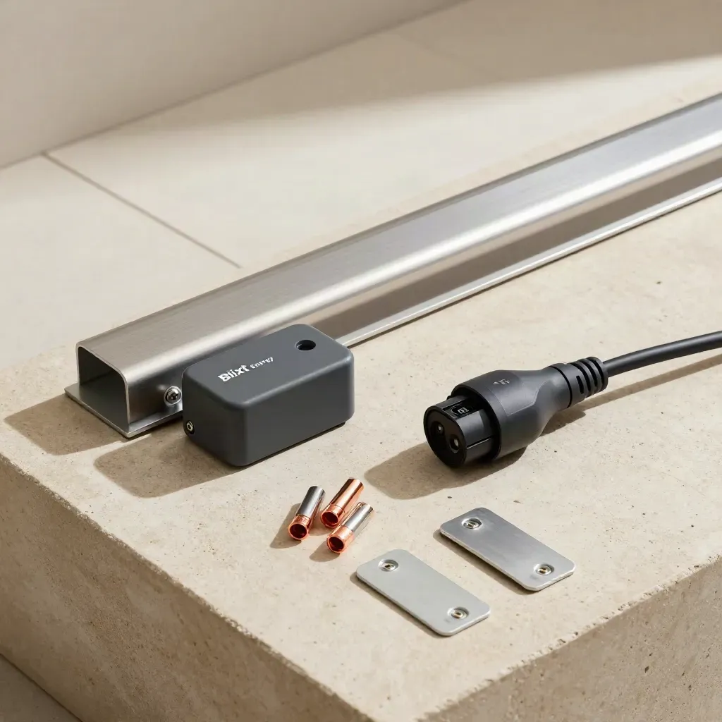 Solcellskena, batterimodul och laddkontakt på ljus sten med mjuka skuggor.