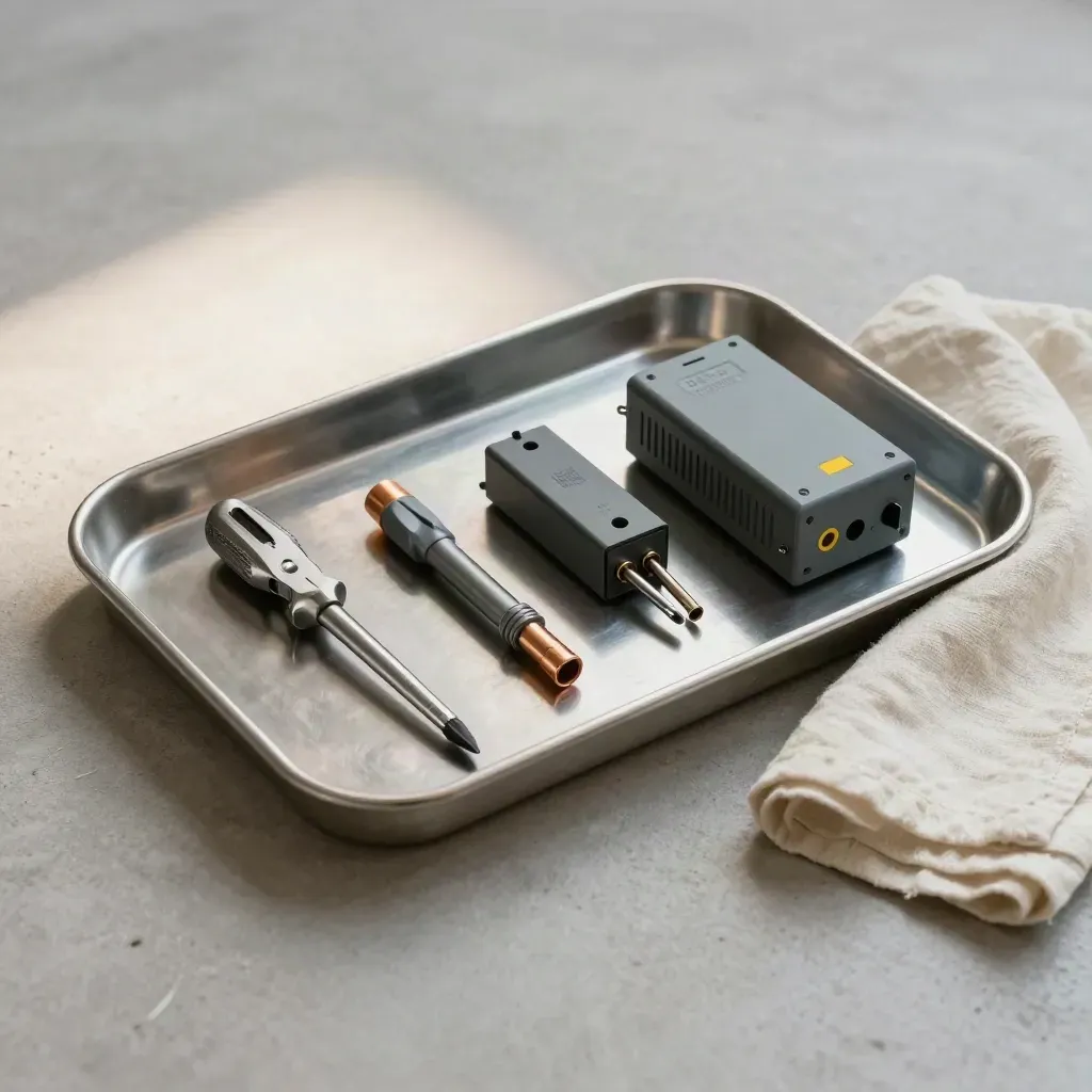 Verktyg och testmodul i en metallbricka med ljus tygduk