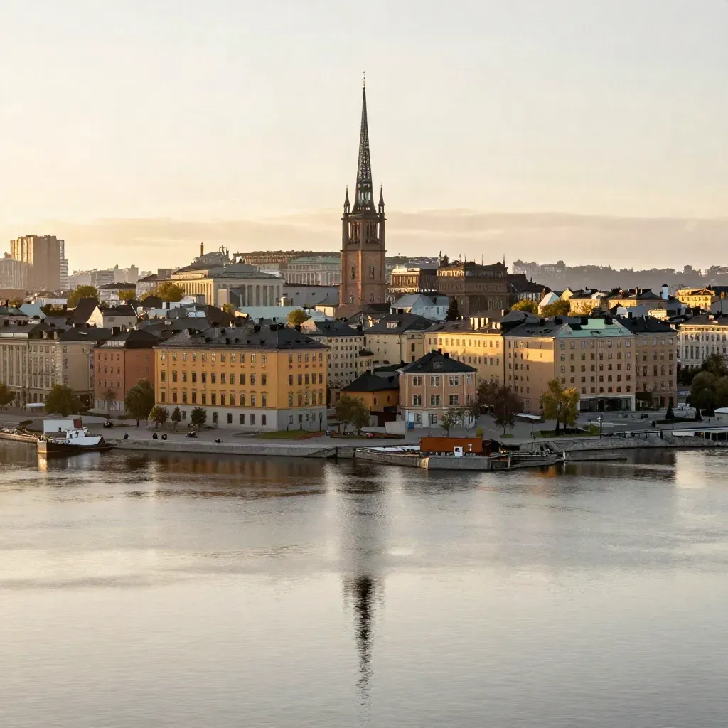 Stockholms siluett i gyllene timme över lugnt vatten med mjuk dimma