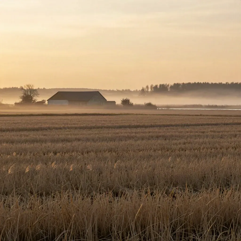 Åkrar och vattenkant i Södermanland i varm kvällsdimma med lugn förgrund.