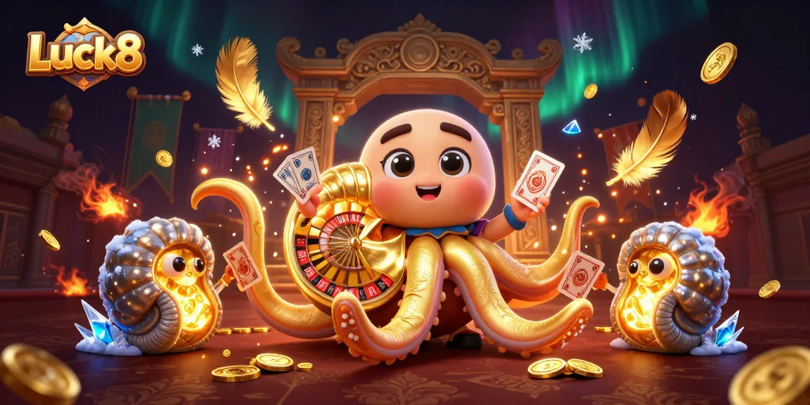 Experience Luck8 with an ancient nautilus roulette wheel in a rich casino scene filled with golden treasures.