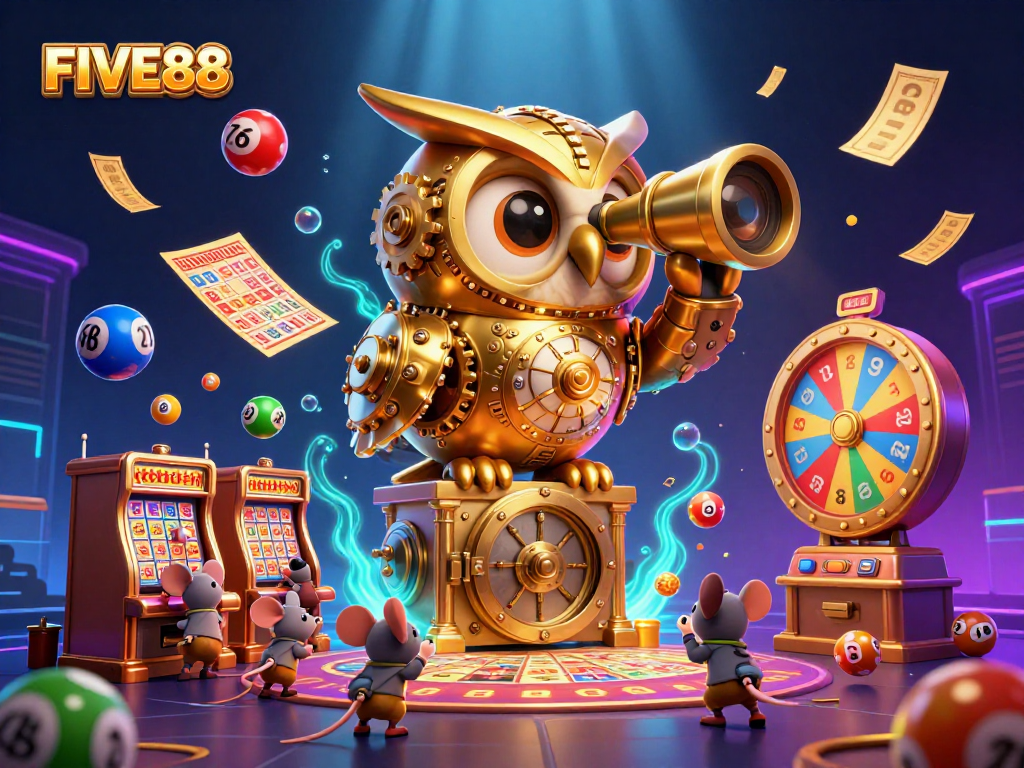 Witness the excitement at FIVE88 with a dynamic illustration of a clockwork owl in a vibrant casino setting