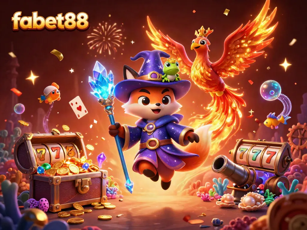 Experience fabet88 with an enchanting casino scene featuring a wizard, phoenix, and rich game elements.