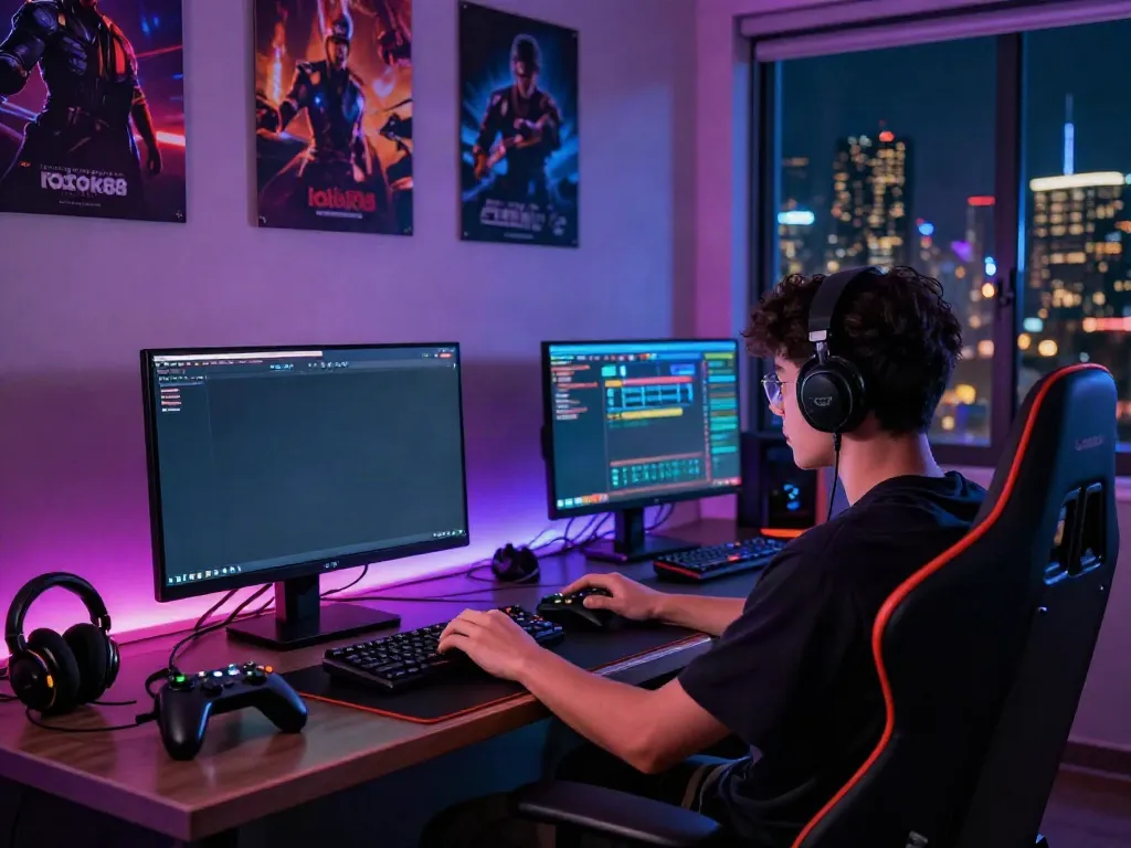 Player engaging with rokok88 slot game in a vibrant gaming setup, showcasing excitement and immersive atmosphere.