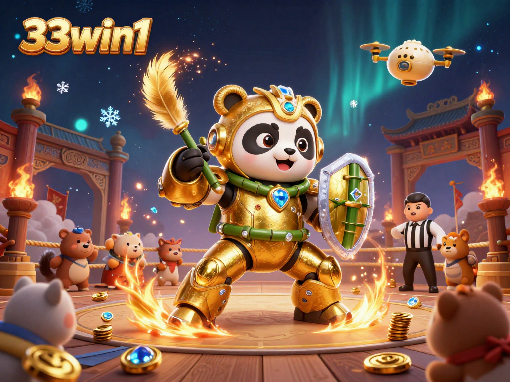 33win1 showcases an energetic scene with a mech-suit panda and colorful casino action elements in 3D.