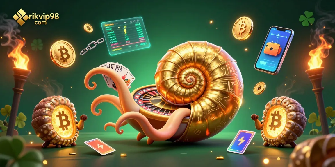 Engage in thrilling games at rikvip98 com with a 3D ancient nautilus and vibrant casino elements.