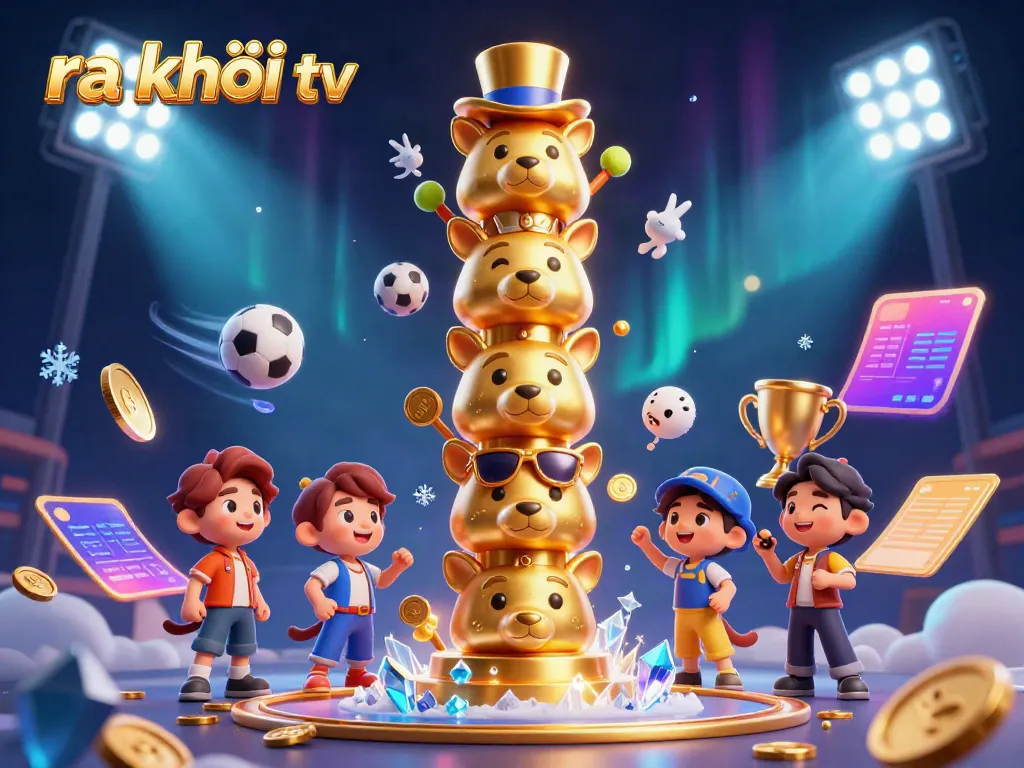 Experience thrilling action with ra khơi tv as 3D sports elements and a golden totem pole come alive in this vibrant digital scene.