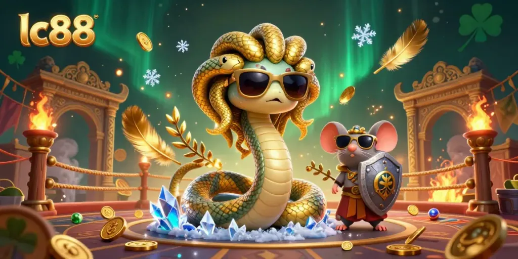 Engage with exhilarating gaming fun at lc88, featuring a Medusa and warrior mouse amidst casino excitement.