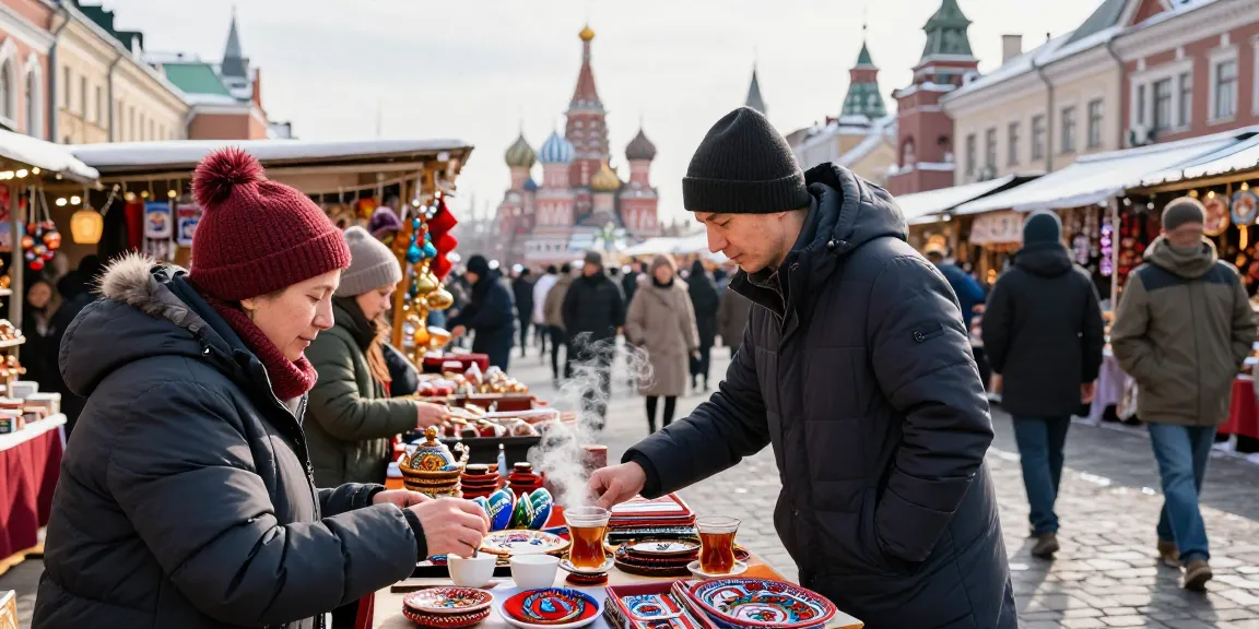 Mercado en Moscú con turistas usando https://payinrussia.com/ para compras locales.
