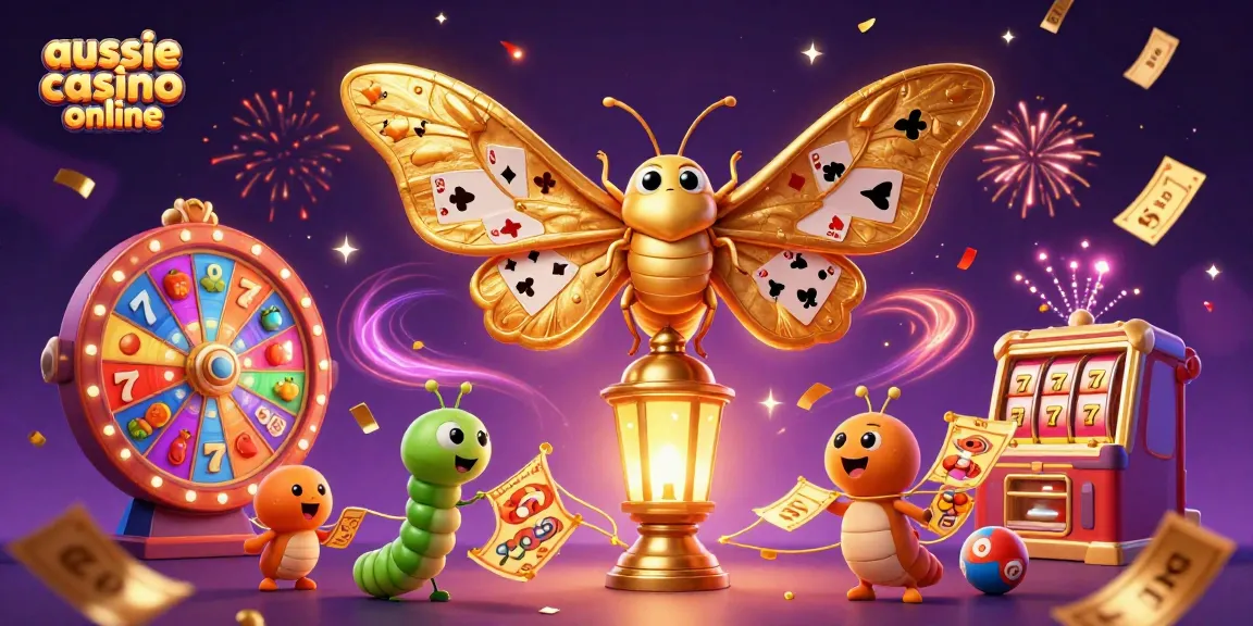 Aussie casino online brings excitement with a vibrant 3D illustration featuring an atlas moth and lively casino elements.